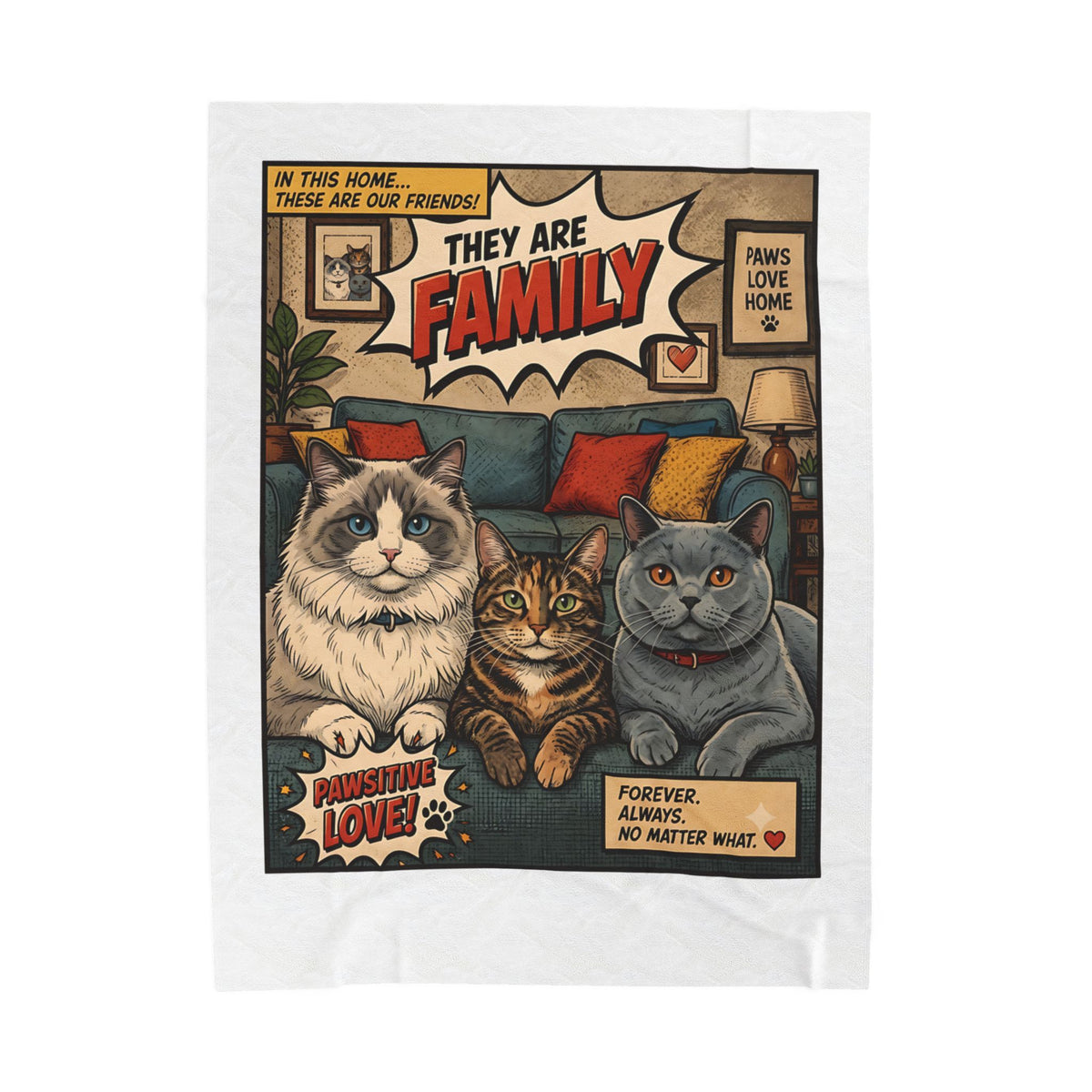 They Are Family velveteen plush throw, 60 by 80 inches, laid flat with the comic panel centered.
