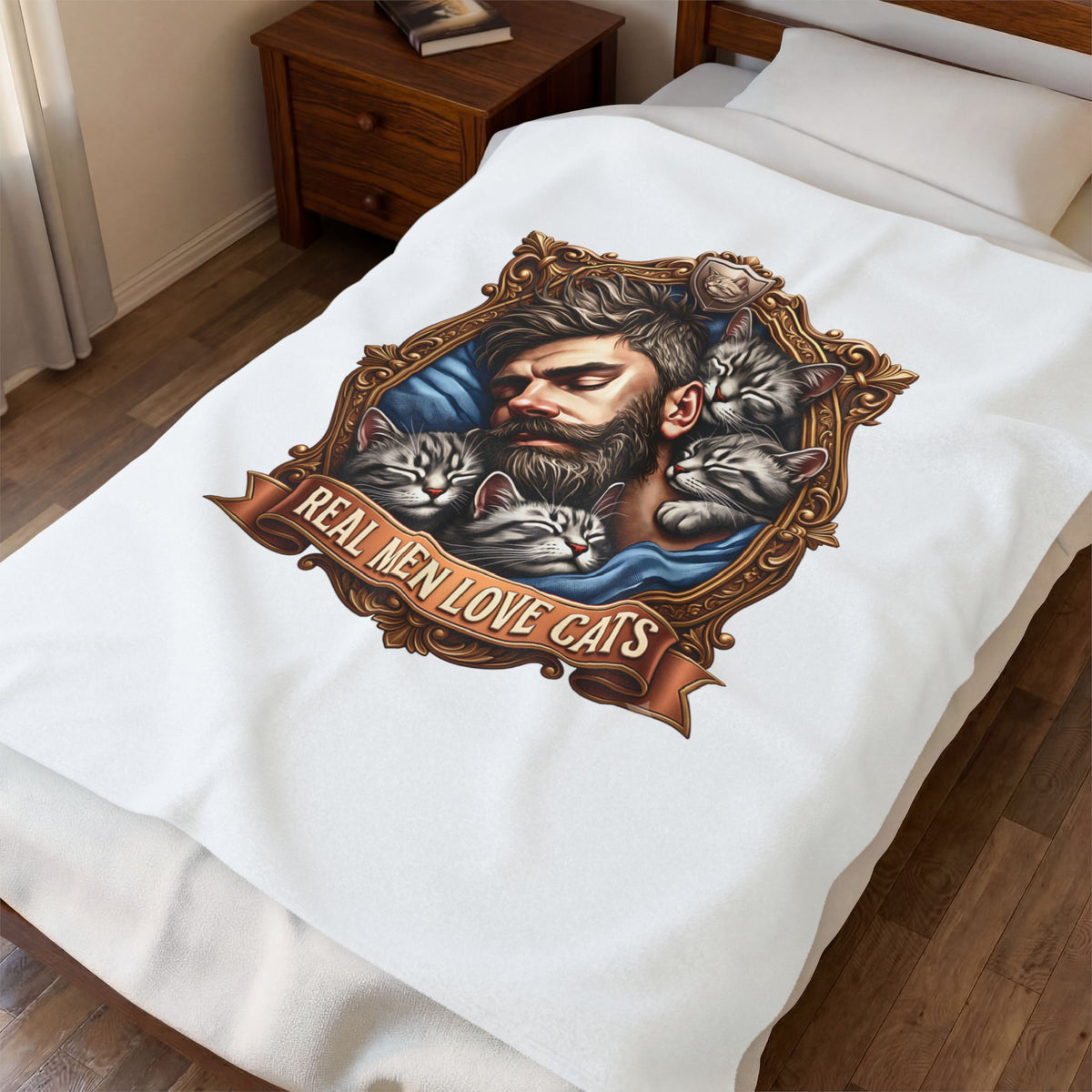 Real Men Love Cats velveteen plush throw, 50 by 60 inches, draped over a made bed.