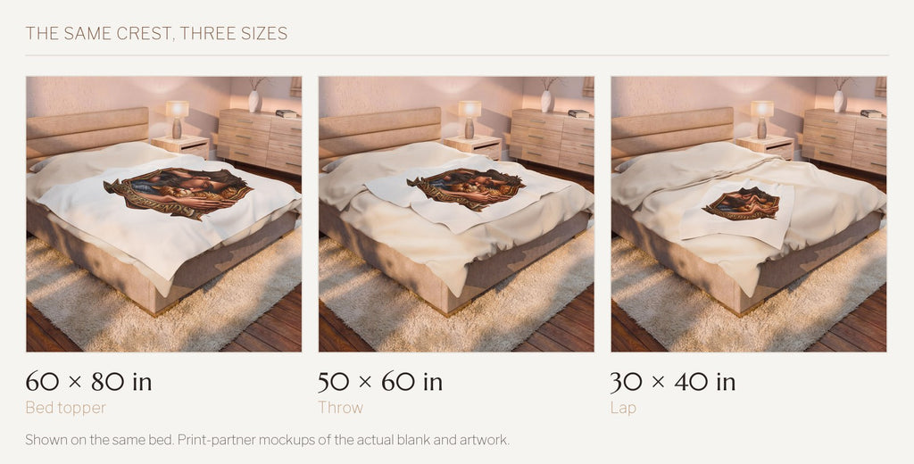 Best Friends velveteen throw shown on the same bed in all three sizes: 60 by 80 inches, 50 by 60 inches, and 30 by 40 inches.