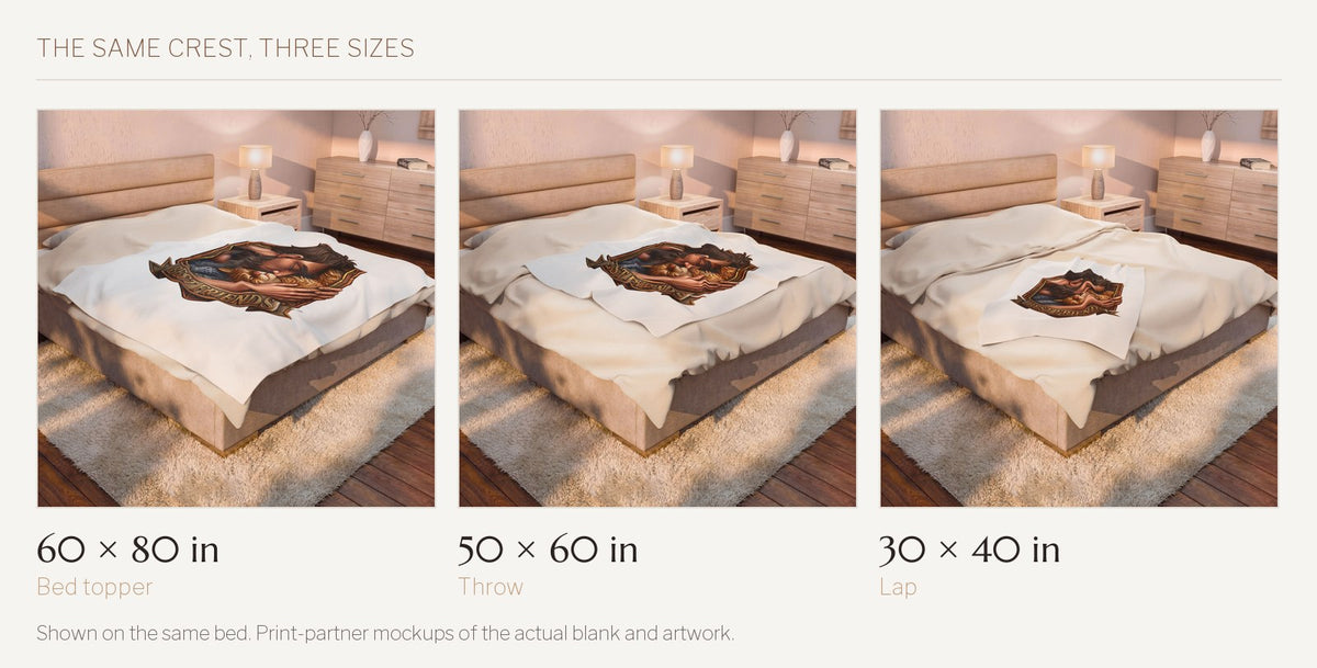 Best Friends velveteen throw shown on the same bed in all three sizes: 60 by 80 inches, 50 by 60 inches, and 30 by 40 inches.