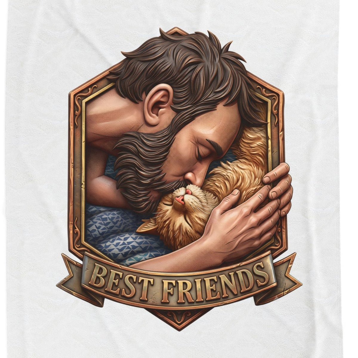 Close-up of the Best Friends crest: a bearded man with his eyes closed cupping a ginger cat against his cheek on blue patterned bedding, in a shield-shaped bronze frame above a ribbon reading BEST FRIENDS.