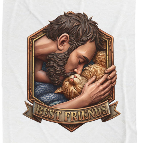 Close-up of the Best Friends crest: a bearded man with his eyes closed cupping a ginger cat against his cheek on blue patterned bedding, in a shield-shaped bronze frame above a ribbon reading BEST FRIENDS.