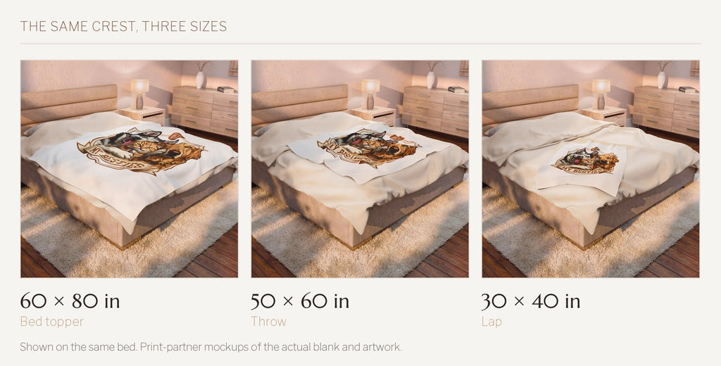 My Besties velveteen throw shown on the same bed in all three sizes: 60 by 80 inches, 50 by 60 inches, and 30 by 40 inches.