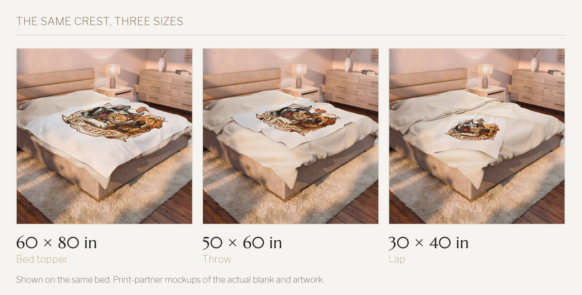 My Besties velveteen throw shown on the same bed in all three sizes: 60 by 80 inches, 50 by 60 inches, and 30 by 40 inches.