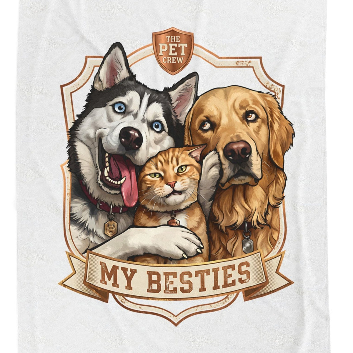 Close-up of the My Besties crest: a husky, a golden retriever, and a ginger cat side by side in a bronze shield frame, with a badge reading THE PET CREW at the top and a ribbon reading MY BESTIES below.