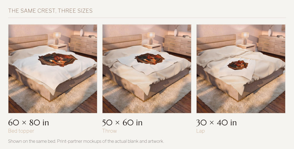 My Little Sunshine velveteen throw shown on the same bed in all three sizes: 60 by 80 inches, 50 by 60 inches, and 30 by 40 inches.