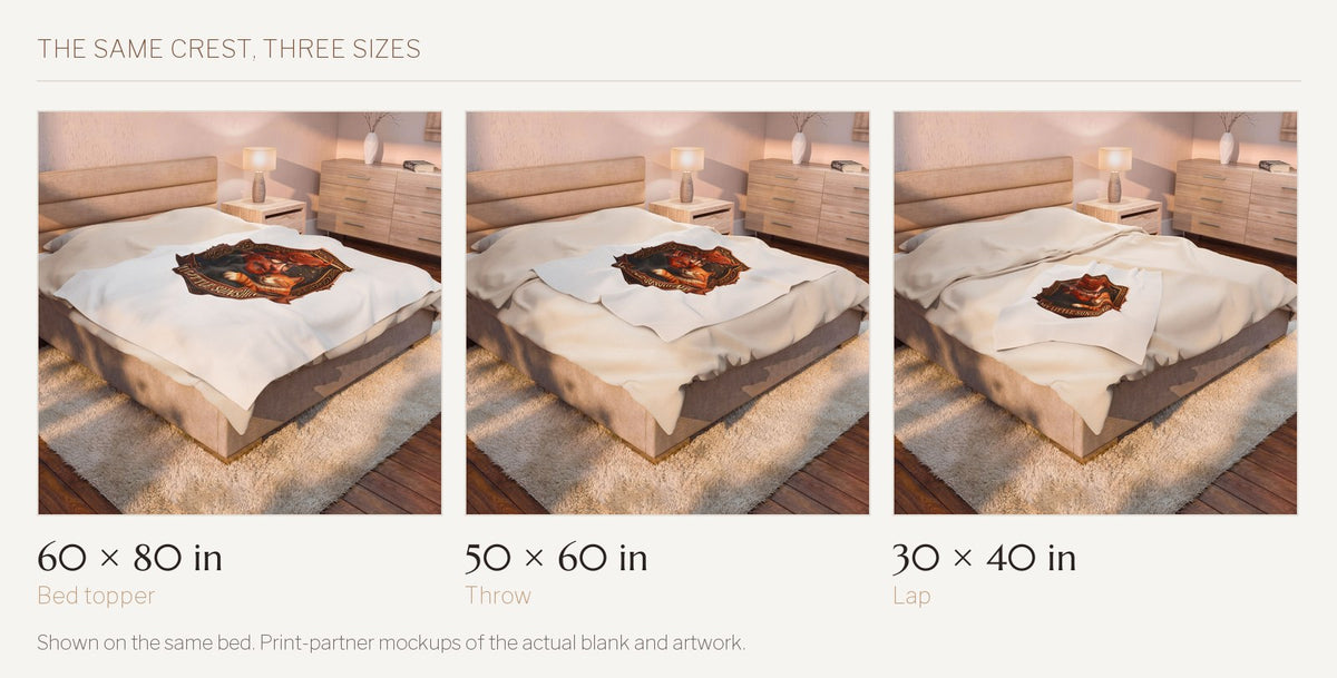 My Little Sunshine velveteen throw shown on the same bed in all three sizes: 60 by 80 inches, 50 by 60 inches, and 30 by 40 inches.