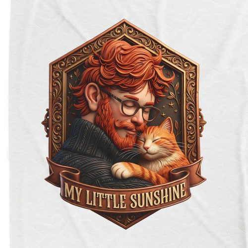 Close-up of the My Little Sunshine crest: a red-haired, red-bearded man in round glasses holding an orange tabby cheek to cheek, in a five-sided bronze frame above a ribbon reading MY LITTLE SUNSHINE.