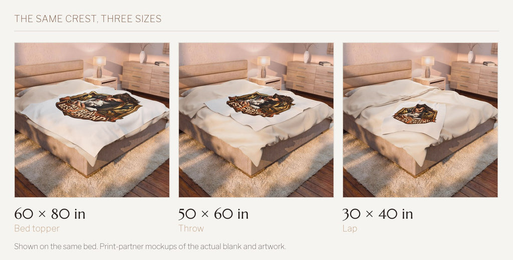 My Real Best Friend velveteen throw shown on the same bed in all three sizes: 60 by 80 inches, 50 by 60 inches, and 30 by 40 inches.