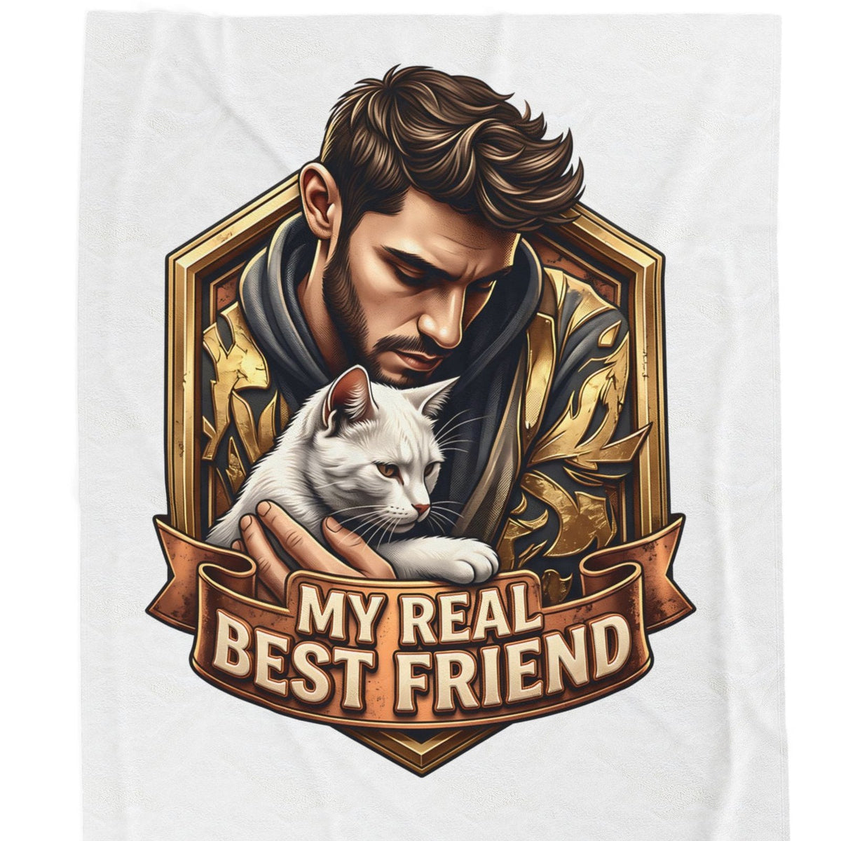Close-up of the My Real Best Friend crest: a dark-haired bearded man in a navy and gold robe looking down at a white cat in his arms, in a shield-shaped gold frame above a ribbon reading MY REAL BEST FRIEND.