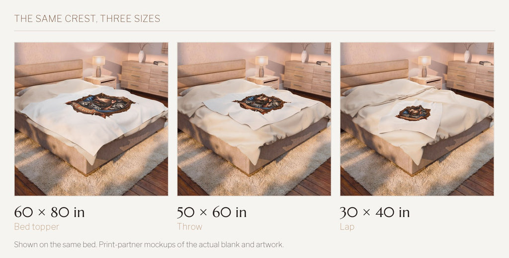 Real Men Love Cats velveteen throw shown on the same bed in all three sizes: 60 by 80 inches, 50 by 60 inches, and 30 by 40 inches.