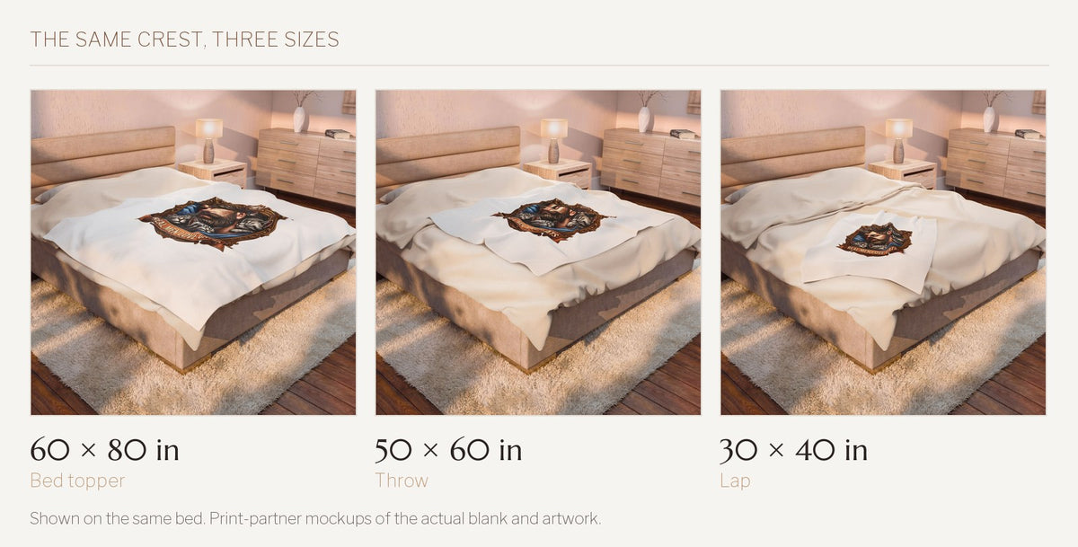 Real Men Love Cats velveteen throw shown on the same bed in all three sizes: 60 by 80 inches, 50 by 60 inches, and 30 by 40 inches.