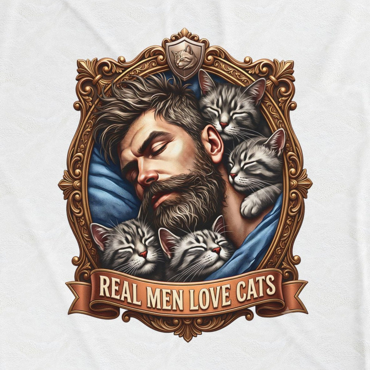Close-up of the Real Men Love Cats crest: a bearded man asleep on a blue pillow with four gray tabbies, in an oval bronze frame topped by a small cat-face shield, above a ribbon reading REAL MEN LOVE CATS.