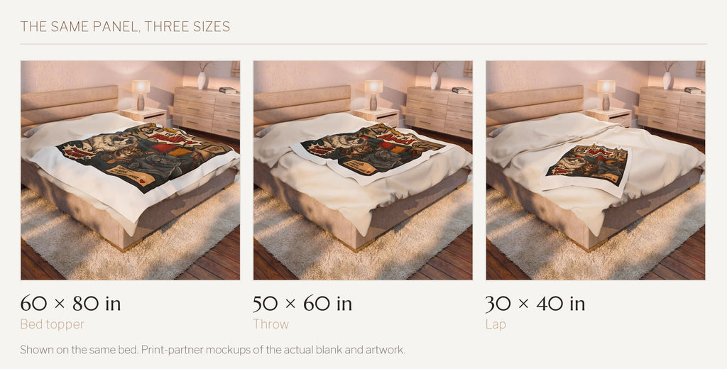 They Are Family velveteen throw shown on the same bed in all three sizes: 60 by 80 inches, 50 by 60 inches, and 30 by 40 inches.