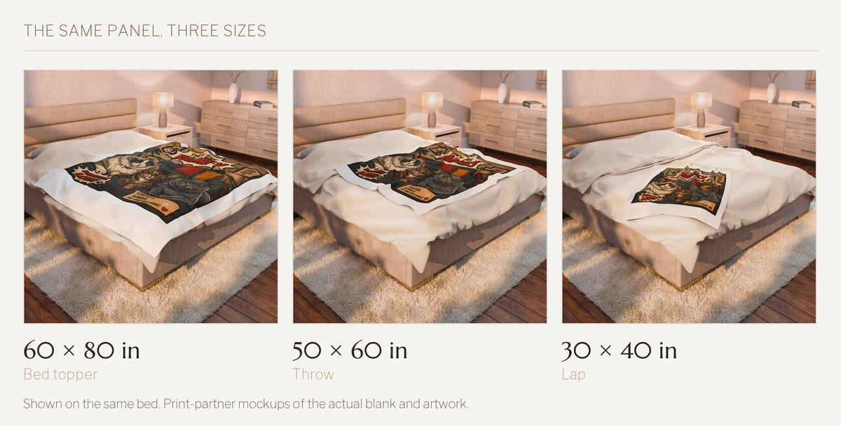 They Are Family velveteen throw shown on the same bed in all three sizes: 60 by 80 inches, 50 by 60 inches, and 30 by 40 inches.