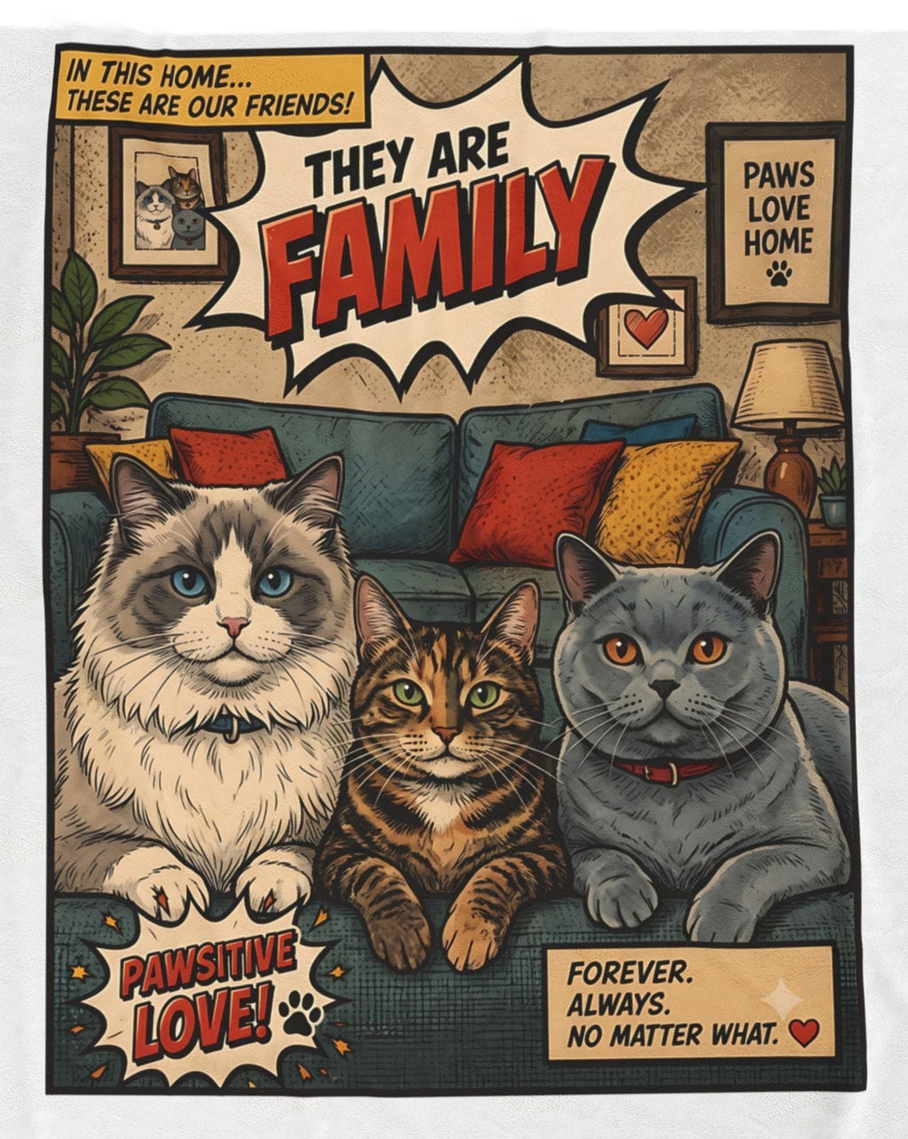 Close-up of the They Are Family panel: a blue-eyed Ragdoll, a brown tabby and a grey British Shorthair on a teal sofa, under a burst reading THEY ARE FAMILY, with captions reading IN THIS HOME... THESE ARE OUR FRIENDS!, PAWS LOVE HOME, PAWSITIVE LOVE! and FOREVER. ALWAYS. NO MATTER WHAT.