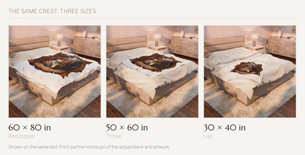 Your Little Magic velveteen throw shown on the same bed in all three sizes: 60 by 80 inches, 50 by 60 inches, and 30 by 40 inches.