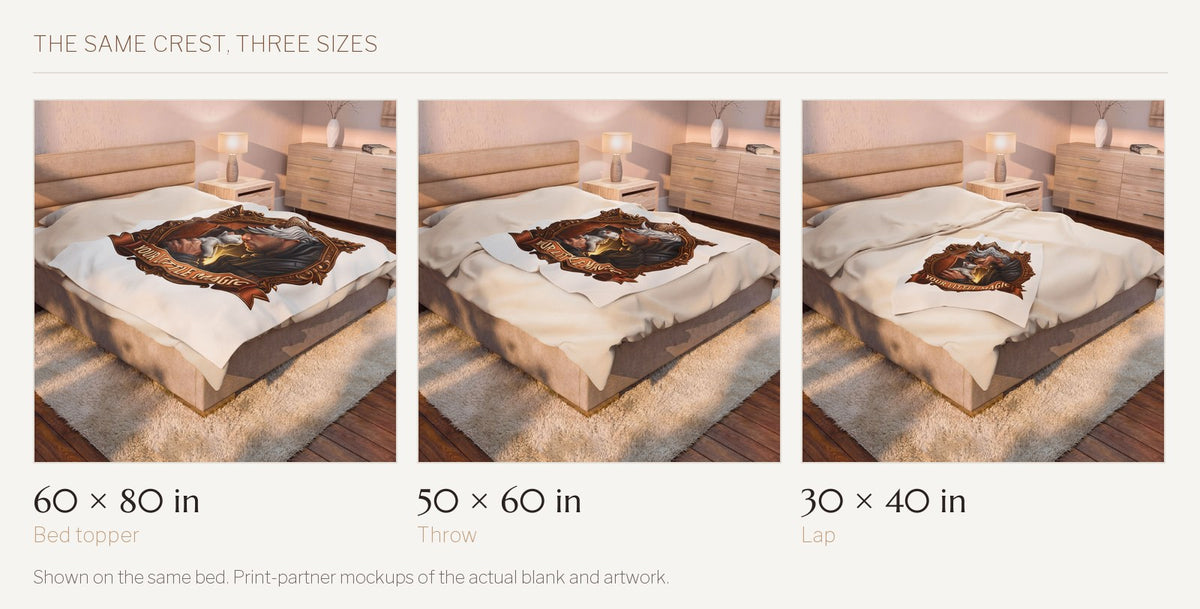 Your Little Magic velveteen throw shown on the same bed in all three sizes: 60 by 80 inches, 50 by 60 inches, and 30 by 40 inches.