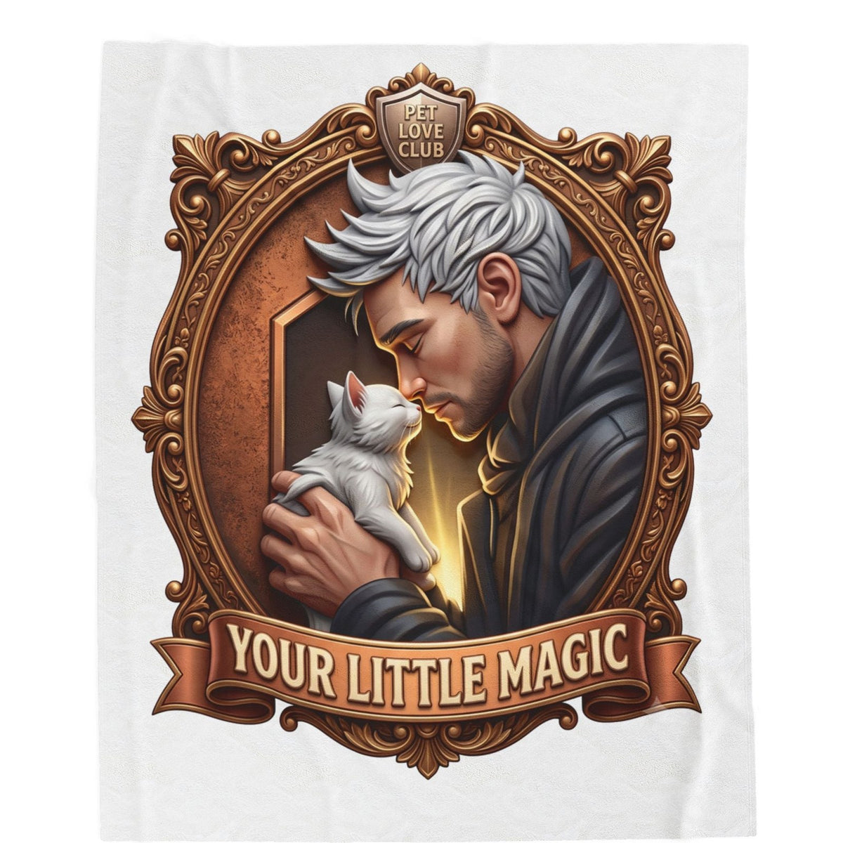 Close-up of the Your Little Magic crest: a silver-haired man holding a small white kitten nose to nose, in an oval bronze frame with a shield reading PET LOVE CLUB at the top and a ribbon reading YOUR LITTLE MAGIC below.